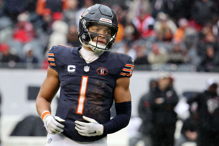 Dec 31, 2023; Chicago, Illinois, USA; Chicago Bears quarterback Justin Fields (1) during the second half against the Atlanta Falcons at Soldier Field.